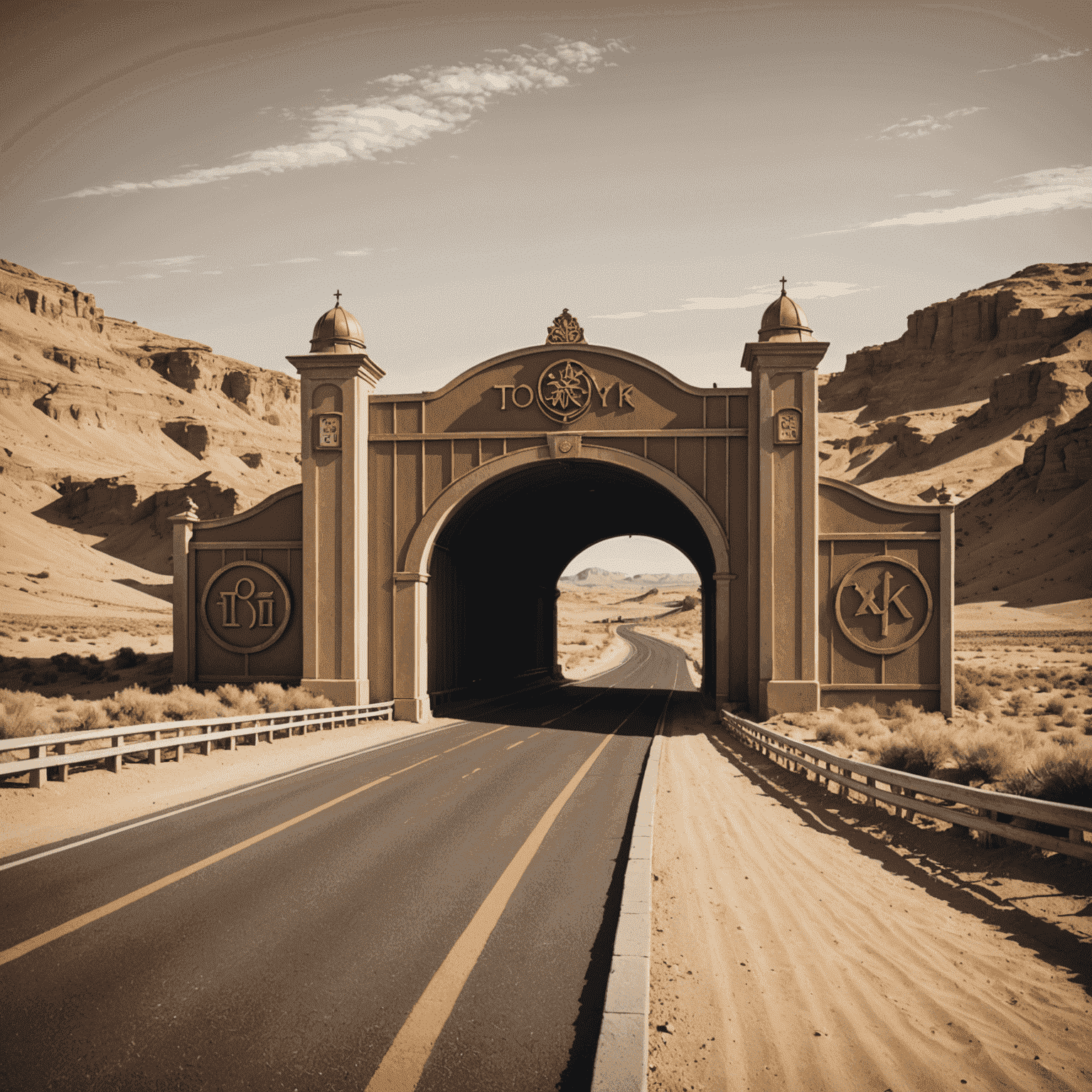 Toslyk logo - A stylized road with a toll gate in bronze and sand colors