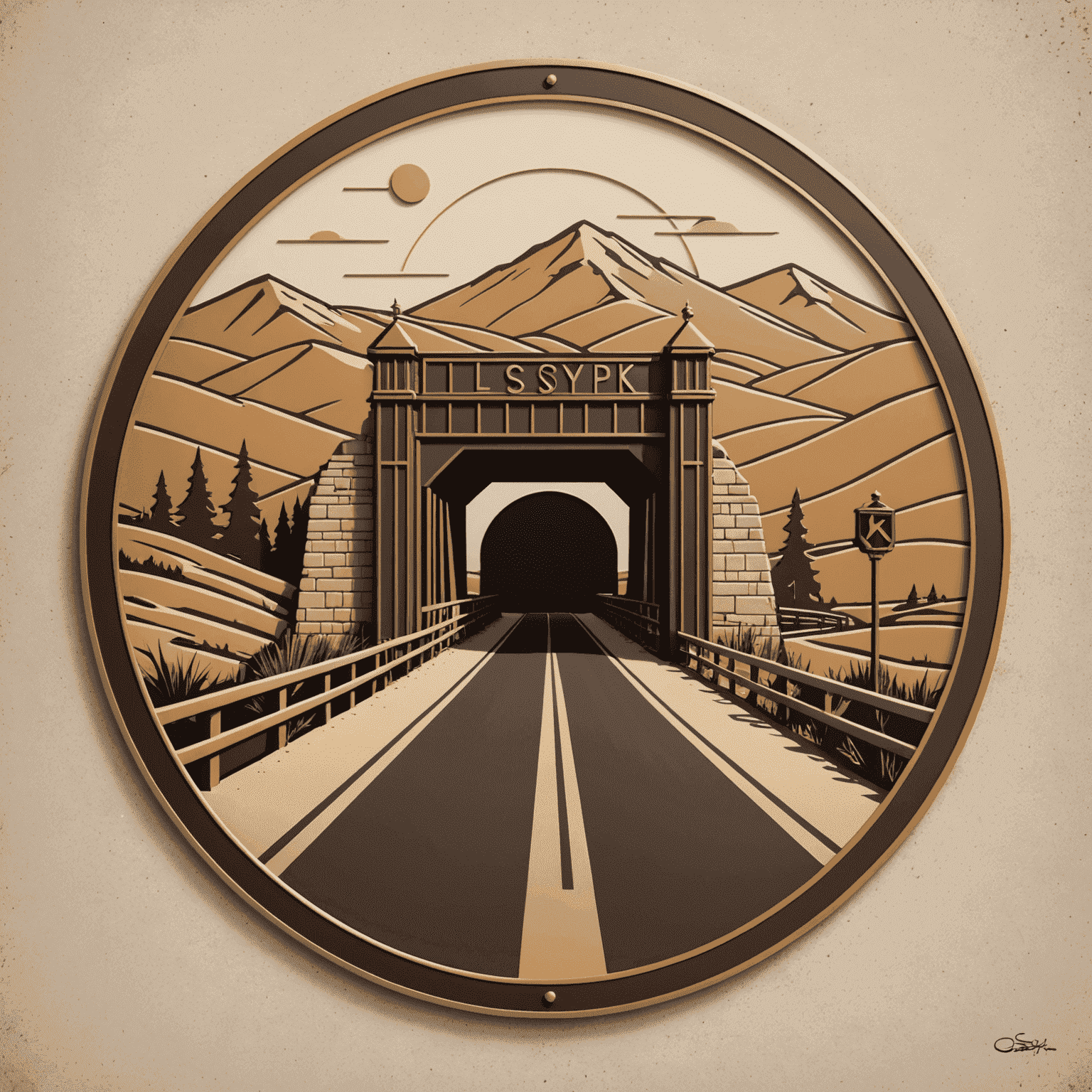 Toslyk logo - A stylized road with a toll gate in bronze and sand colors
