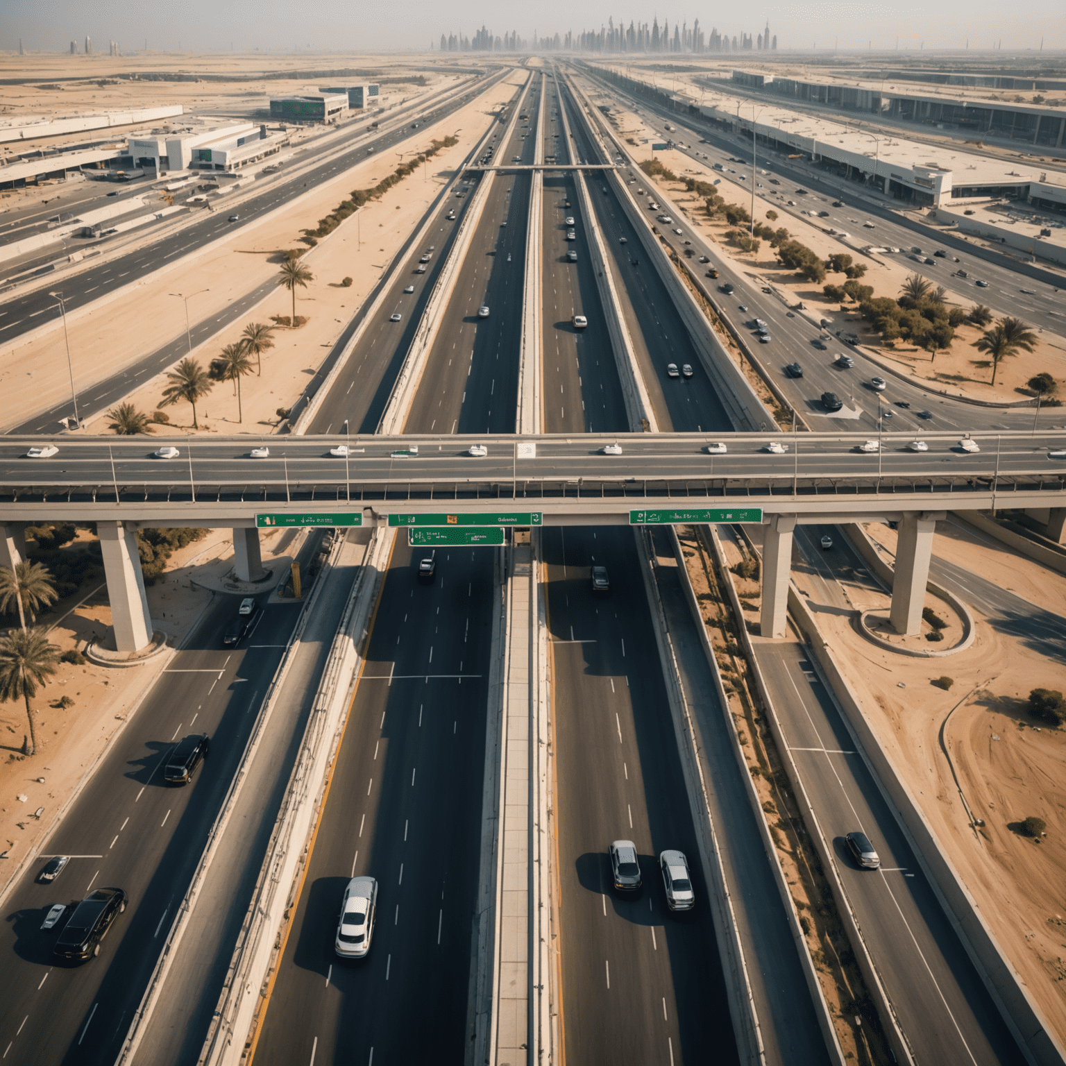 Aerial view of a modern toll gate on a UAE highway with electronic payment systems and flowing traffic
