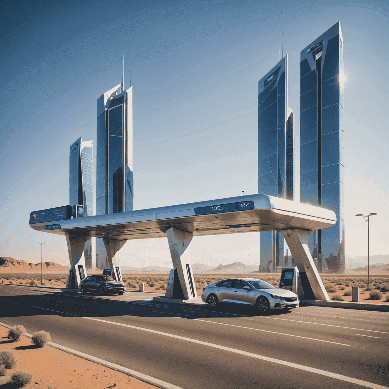 A futuristic toll gate with sleek design, featuring Toslyk's advanced payment system. Cars passing through smoothly without stopping, surrounded by a desert landscape with modern skyscrapers in the background.