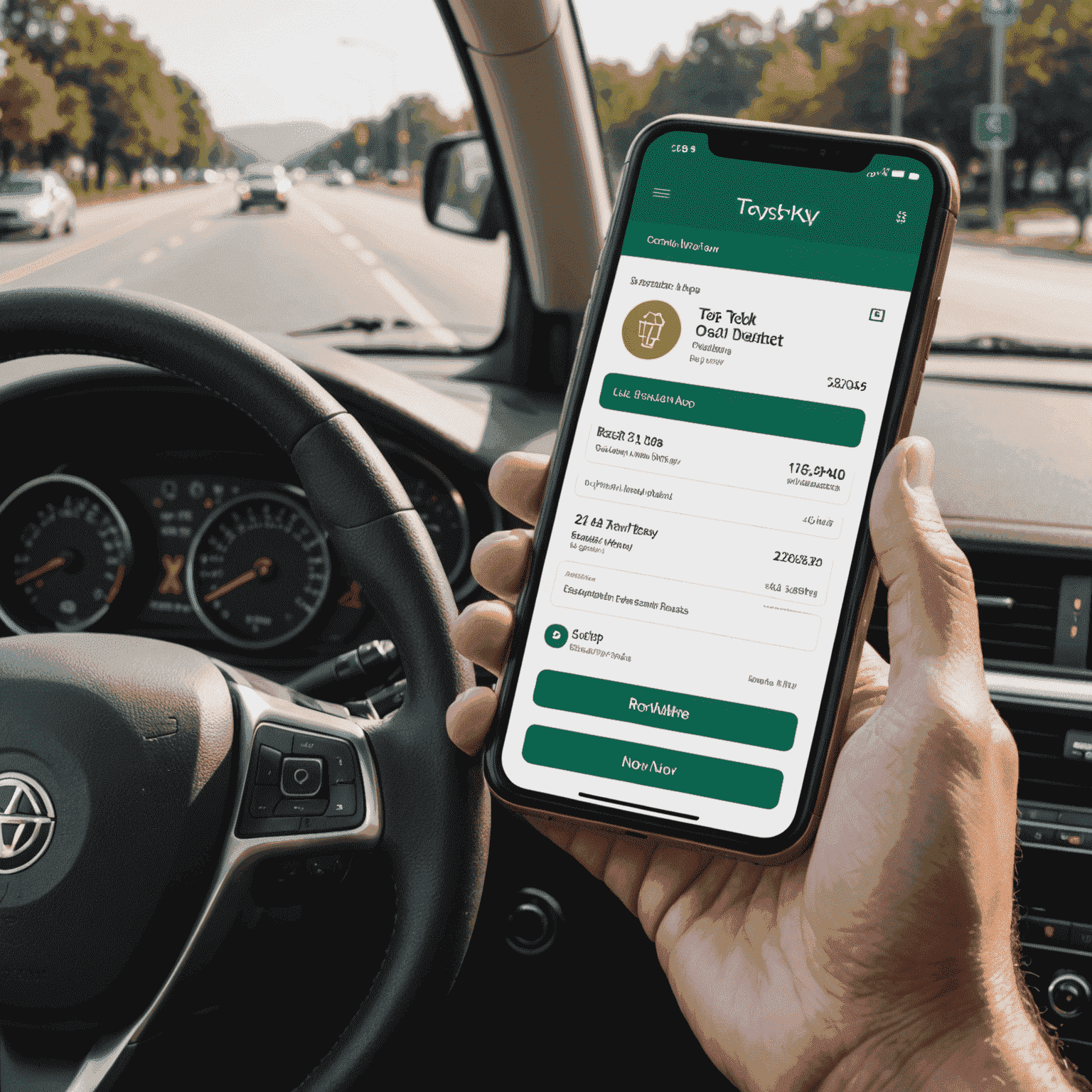 Smartphone displaying the Toslyk mobile app interface, showing a toll road payment screen with a sleek design featuring translucent elements and bronze accents. The app showcases real-time balance, recent transactions, and a prominent 'Pay Now' button.