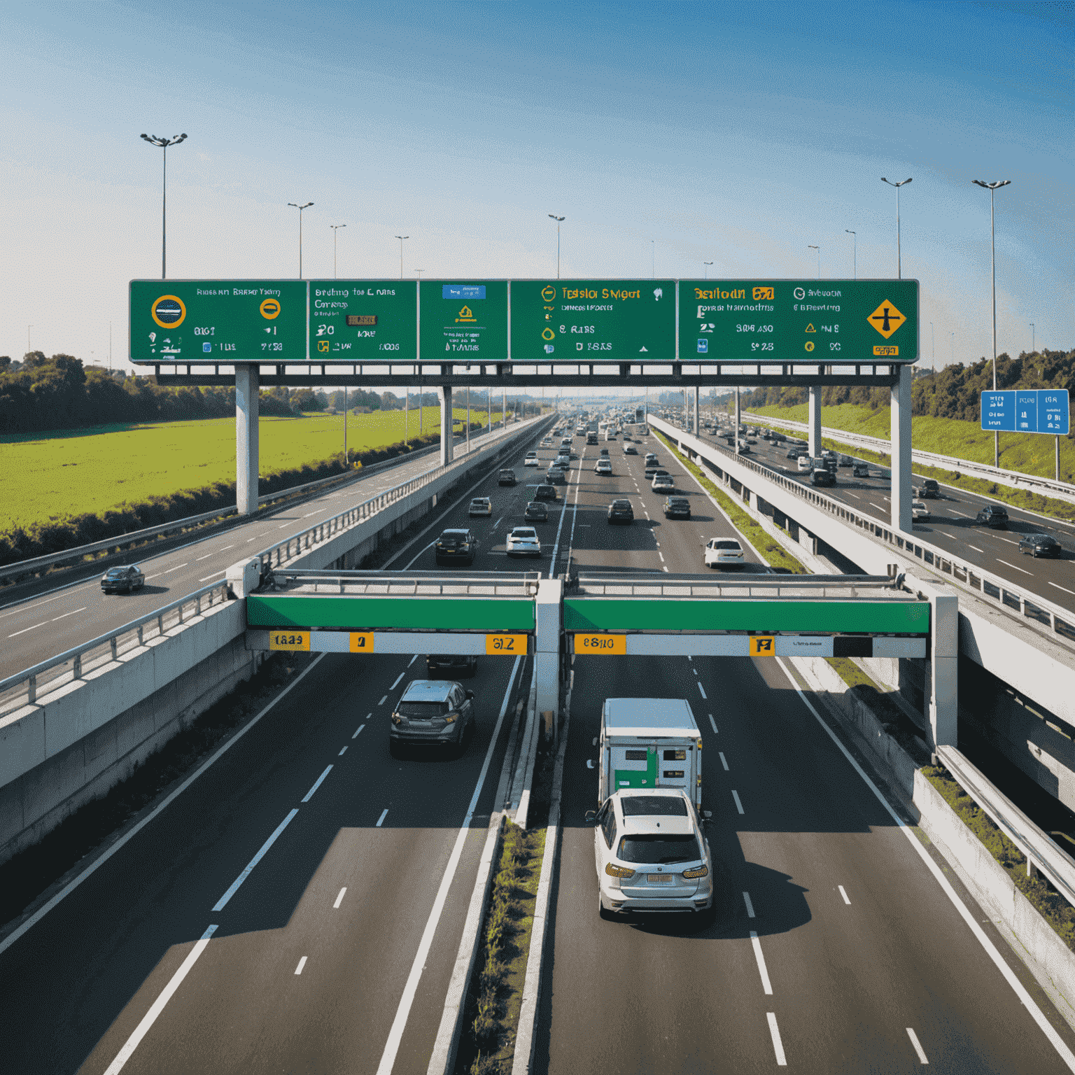 A modern highway with electronic toll gates, showcasing seamless traffic flow and digital displays indicating toll prices. The image emphasizes the efficiency and convenience of electronic toll collection systems.
