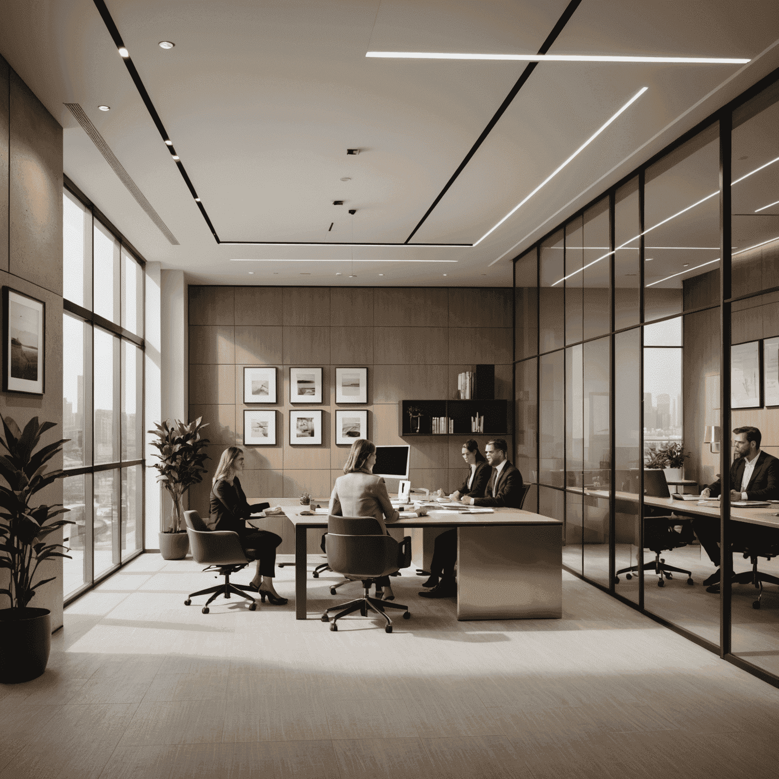 A modern office interior with glass partitions and a team of professionals discussing toll road management strategies. The image showcases a sleek, corporate environment with touches of bronze and sand-colored accents.
