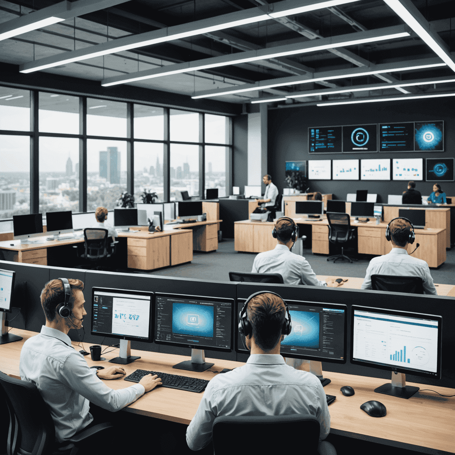 A modern customer support center with agents wearing headsets, sitting at desks with multiple computer screens. The center has a sleek design with glass partitions and a large digital display showing real-time support metrics.