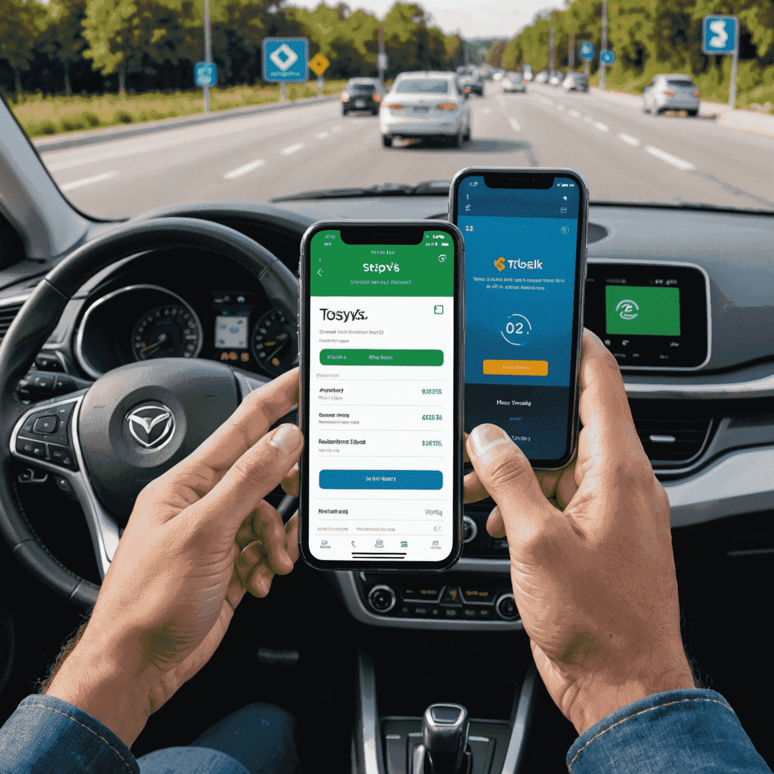 A person using Toslyk's mobile app on a smartphone to recharge their toll road account. The app interface shows a sleek design with options for instant payment and account management.