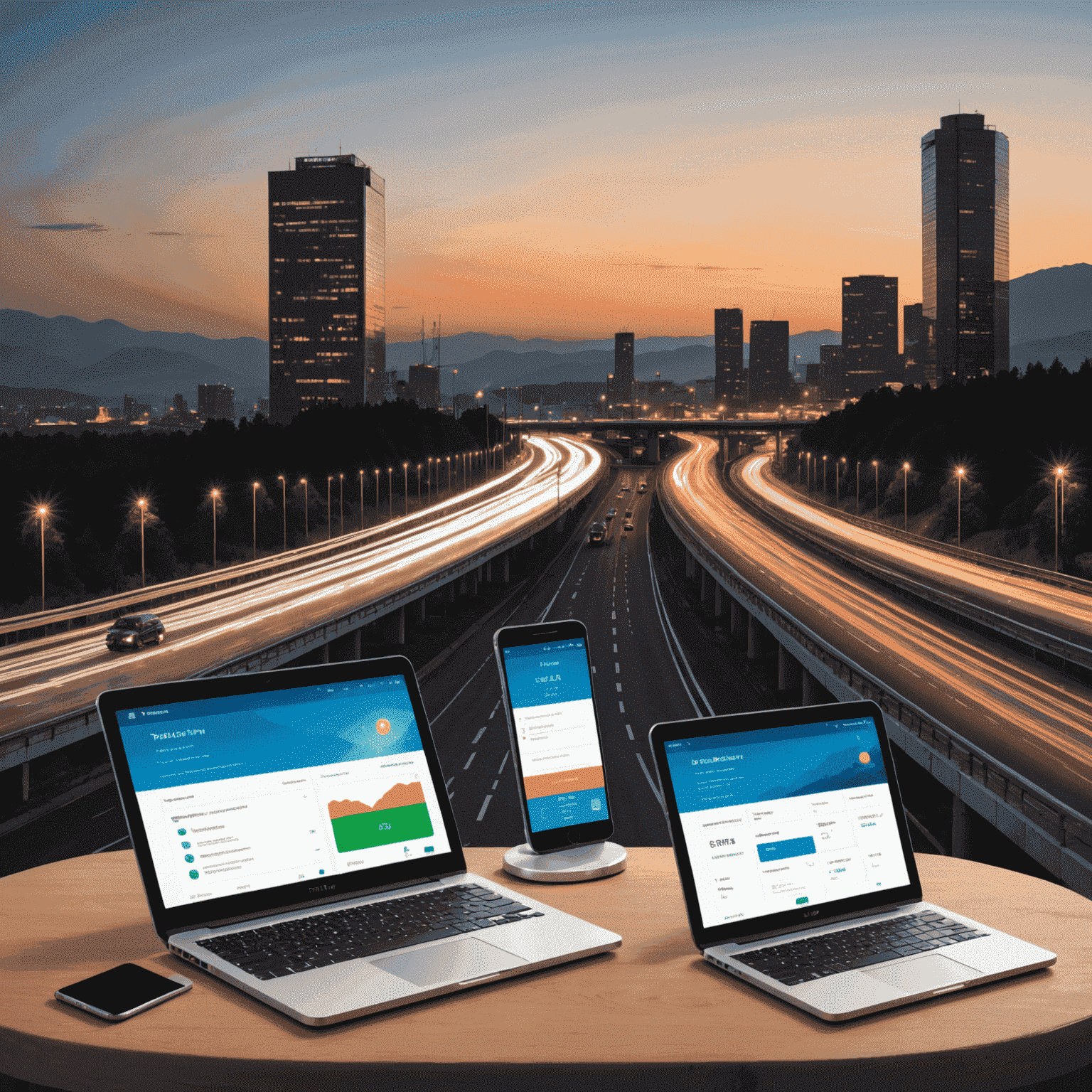 A collage showing various devices (smartphone, tablet, laptop) accessing the Toslyk toll road payment portal at different times of day and night