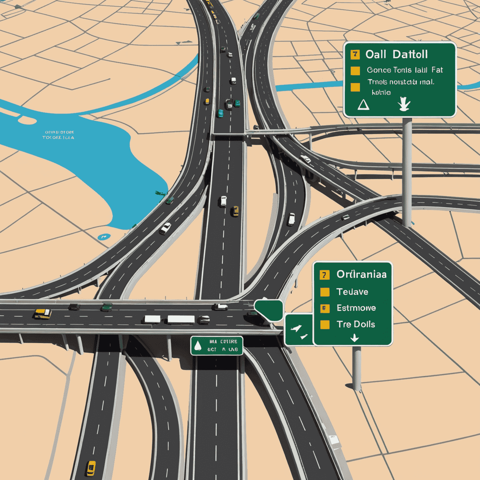 An interactive toll calculator interface showing a map of UAE toll roads with price estimates and route options