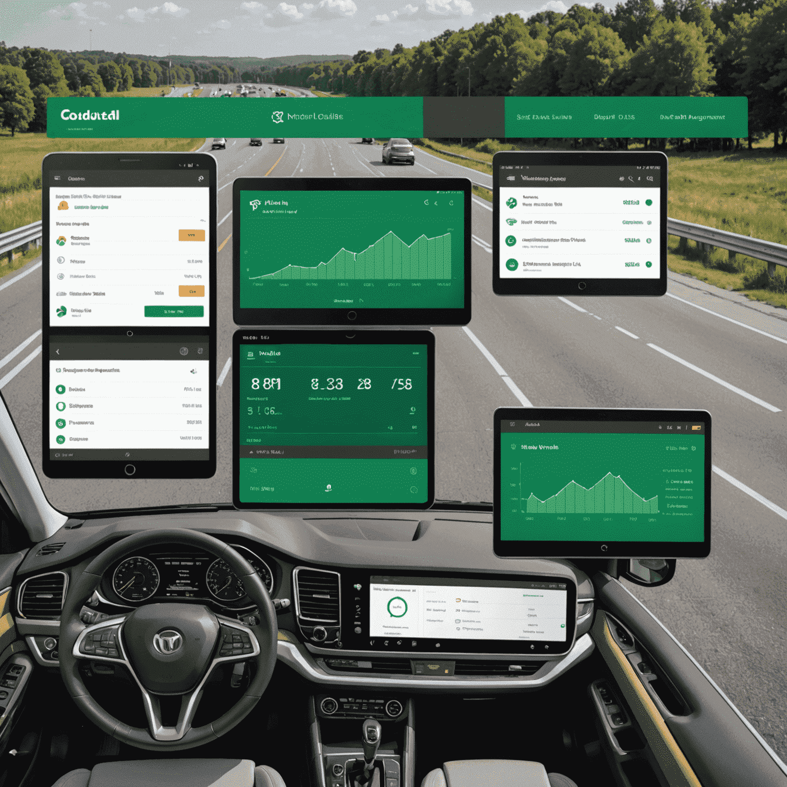 A dashboard showing multiple vehicle management for a corporate account with toll usage analytics and billing information