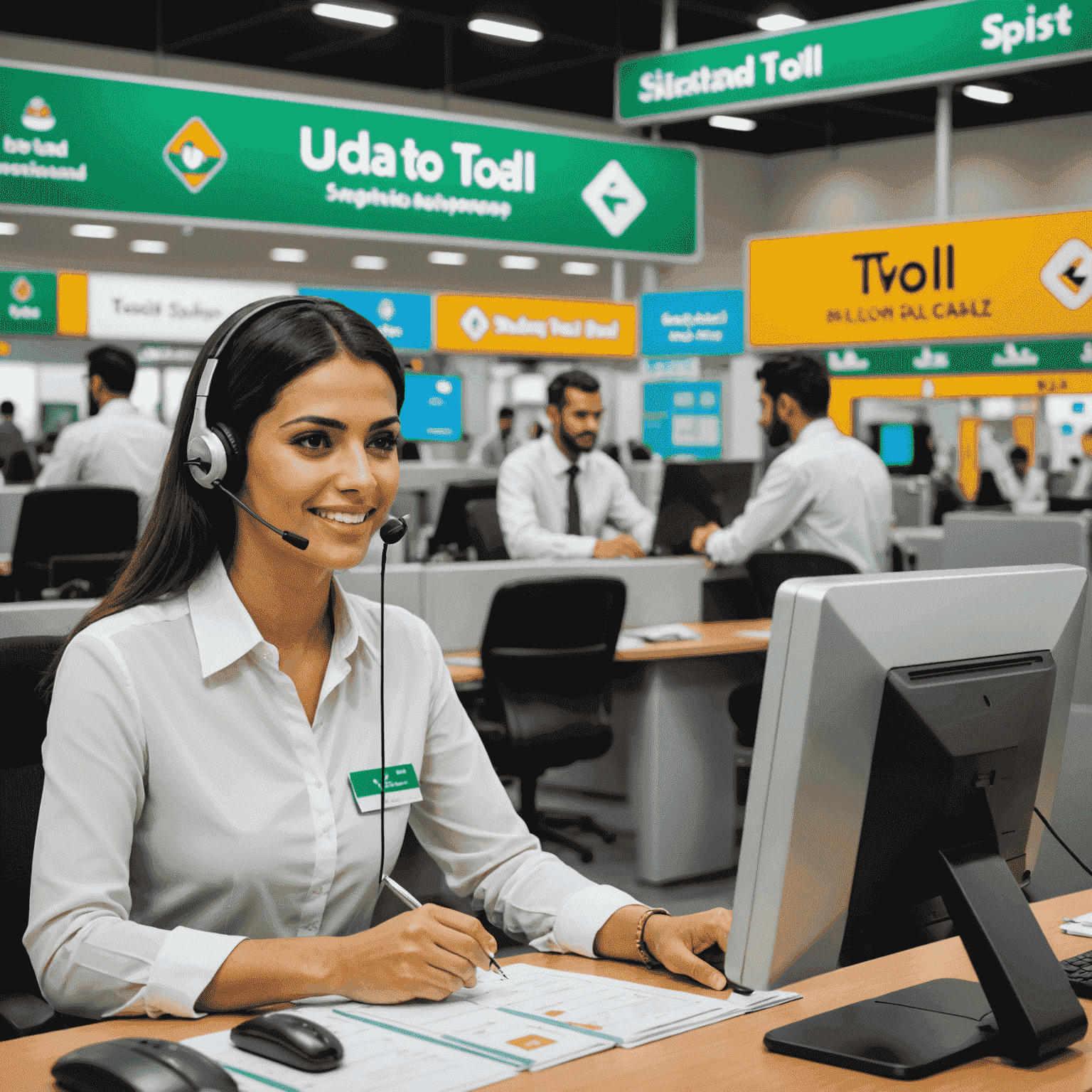 A friendly customer support representative assisting a client with toll-related queries, with UAE toll road signs in the background